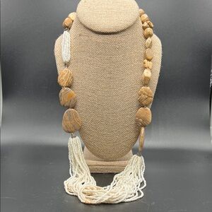 Coldwater Creek 31” Stone & Seed Bead Statement Necklace Boho Natural Wood Tone